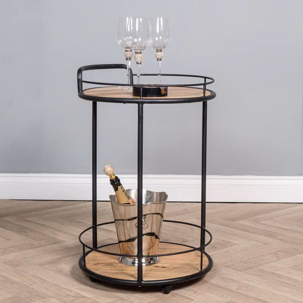 Elm Home And Garden Elegant Two-Tiered Drinks Trolley in Black with Waxed Mango Wood, W/D/H: 69.0 x 45.0 x 45.0 cm – 2