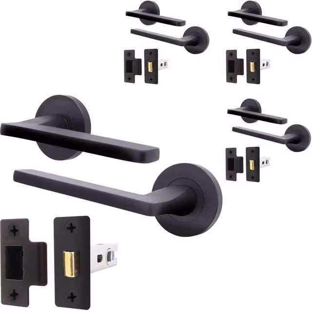 AFIT Matt Black Aluminium Door Handle and Latch Set, 4 Pack