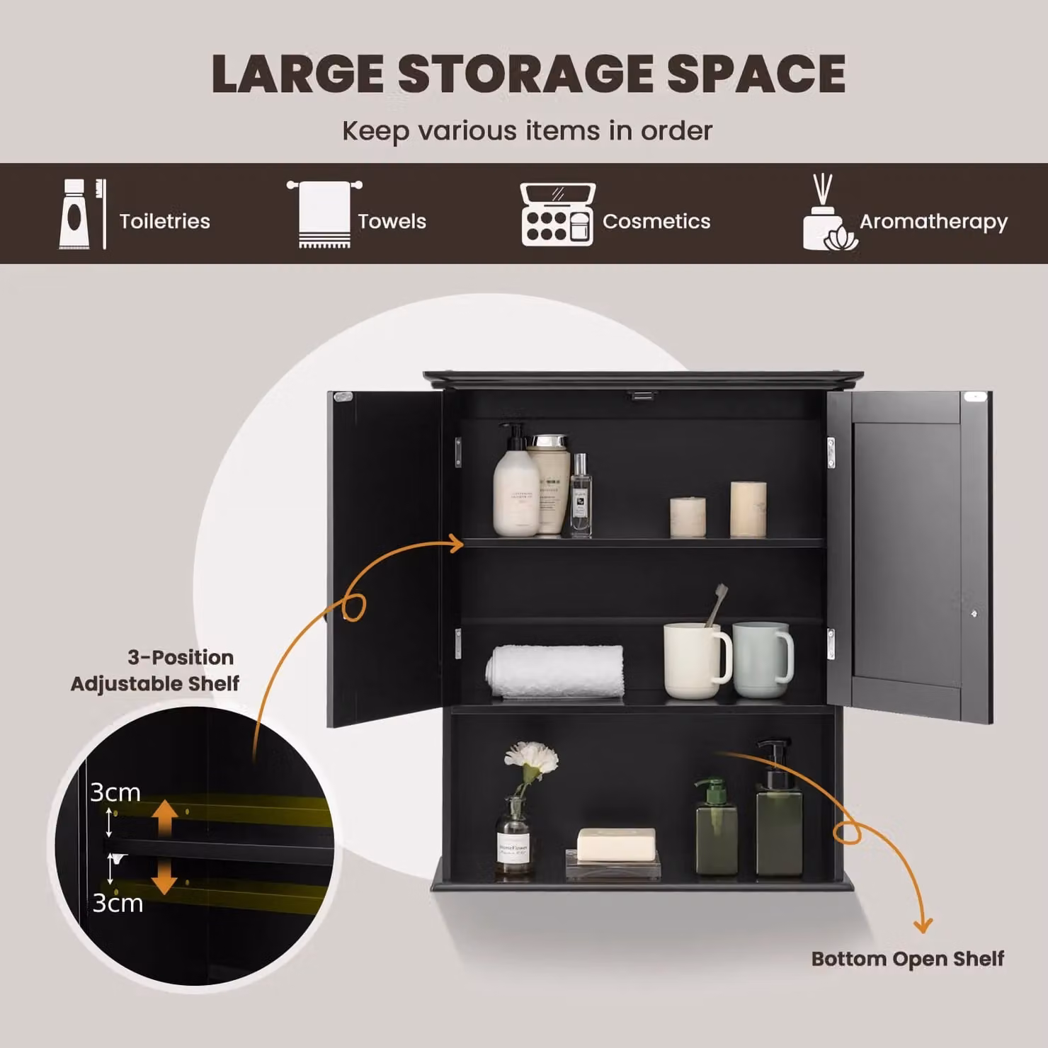 Gymax Modern Black Wall Mounted Bathroom Medicine Cabinet with Double Hinged Doors and Adjustable Internal Shelves – 6