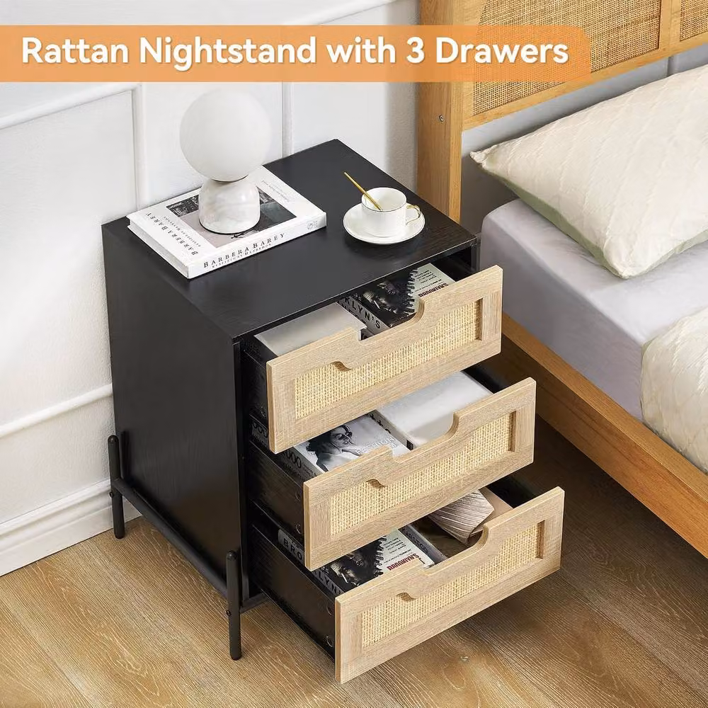 London Boutique Modern Rattan Bedside Table with 3 Drawers in Black, W/D/H: 40 x 40 x 64 cm – 3