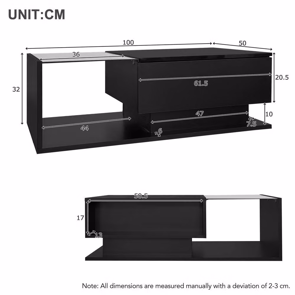 Rolipo Black LED Coffee Table with Glass Top and Storage Drawer – 3