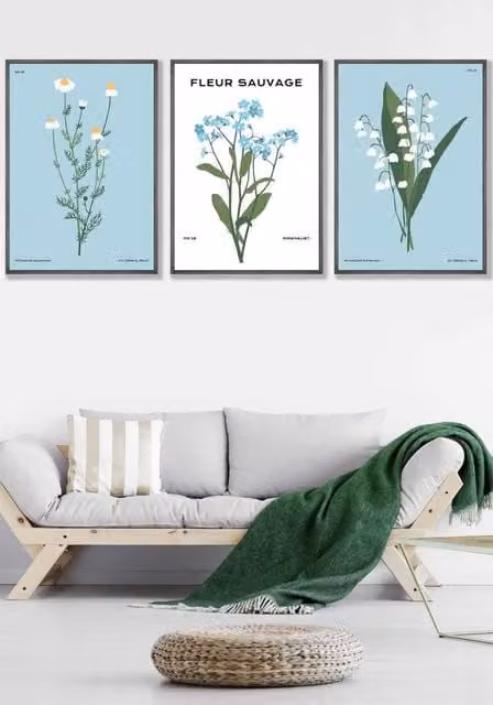 ARTZE Set of 3 Vintage Blue Spring Wild Flower Market Botanical Wall Art Illustrations in Dark Grey Frames, W: 33 cm, H: 45 cm, D: 2 cm
