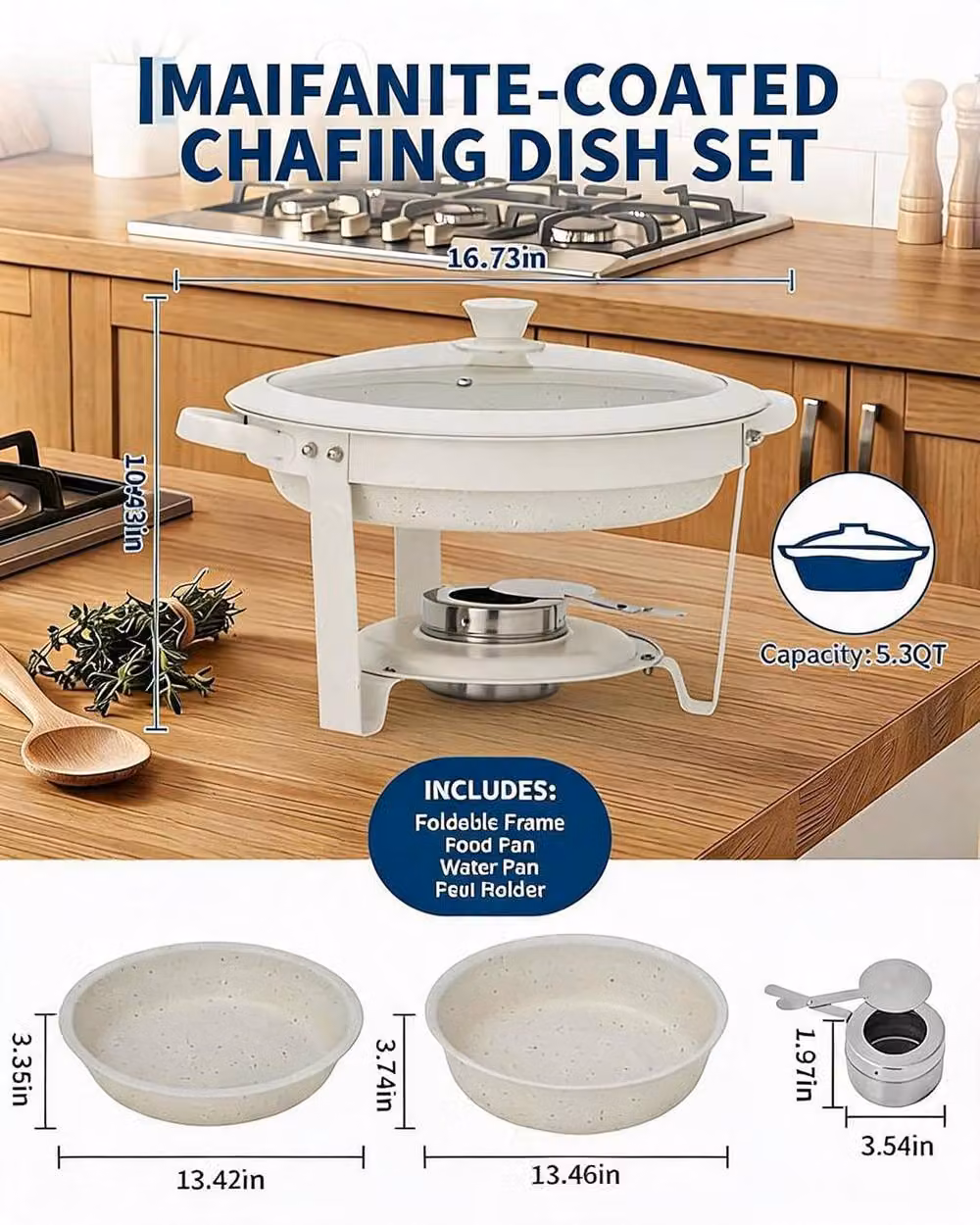 London Boutique 6 Piece Maifanite-Coated Round Chafing Dish Buffet Food Warmer Set in White, 5L Capacity – 2