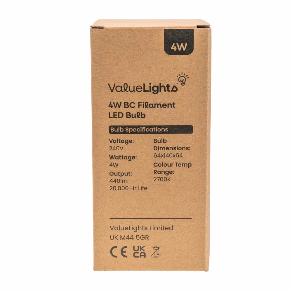 ValueLights B22 4W Amber Filament LED Bulb, Warm White 2700K, Orange Glass – 2