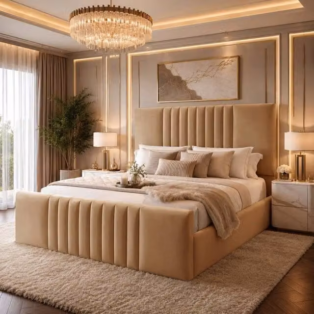 Desire Deco Ashley Upholstered Plush Velvet Panel Bed Frame in Beige, Super King Size (200 x 200 cm) – 1