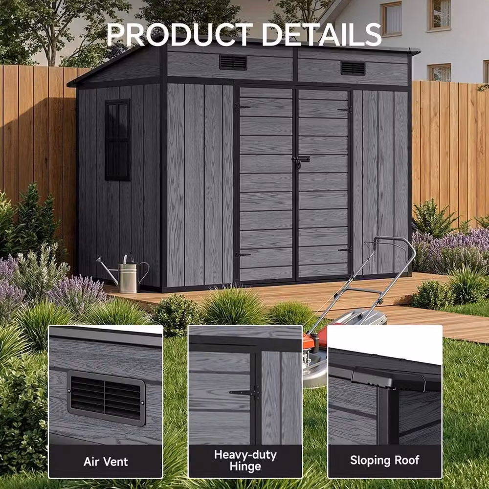 FLAVORA Grey Plastic Pent Outdoor Garden Shed for Tools and Bike Storage – 3