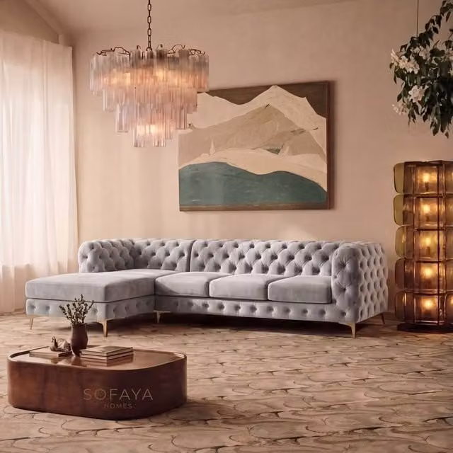 Sofaya Monaco Chesterfield 4 Seater L-Shaped Sofa in Light Grey Velvet with Left Hand Chaise – 1