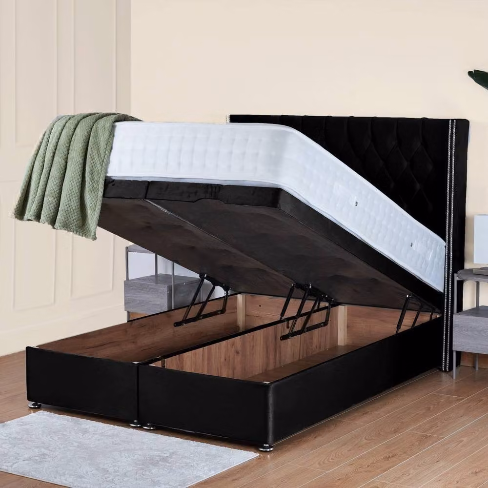 UK Bed Furniture Francesca End Lift Divan Ottoman Bed with 54 Inch Diamond Headboard, Black Velvet Fabric, W/D/H: 200 x 200 cm – 2
