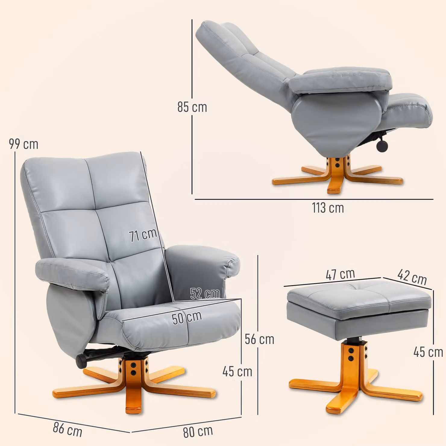HOMCOM PU Leather Swivel Recliner Chair with Footstool and Storage, Light Grey – 3