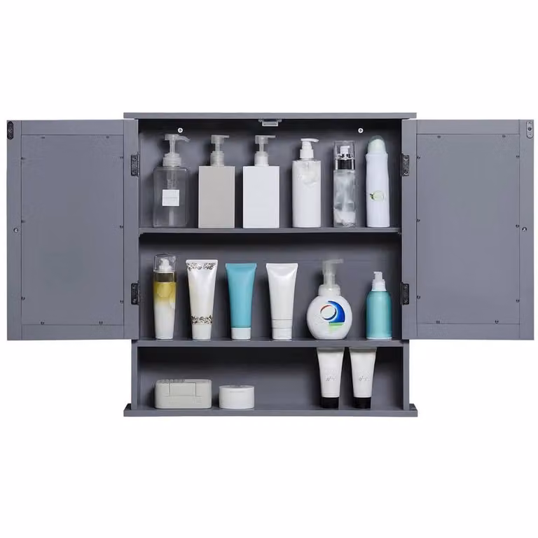 FORGEVIO Modern Grey Wall Mounted Bathroom Mirrored Storage Cabinet with Glass Doors and Internal Shelves