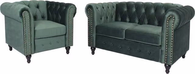 Furniture One Set of 2 Green Velvet Mid-Century Tub Armchairs with Nailhead Trim