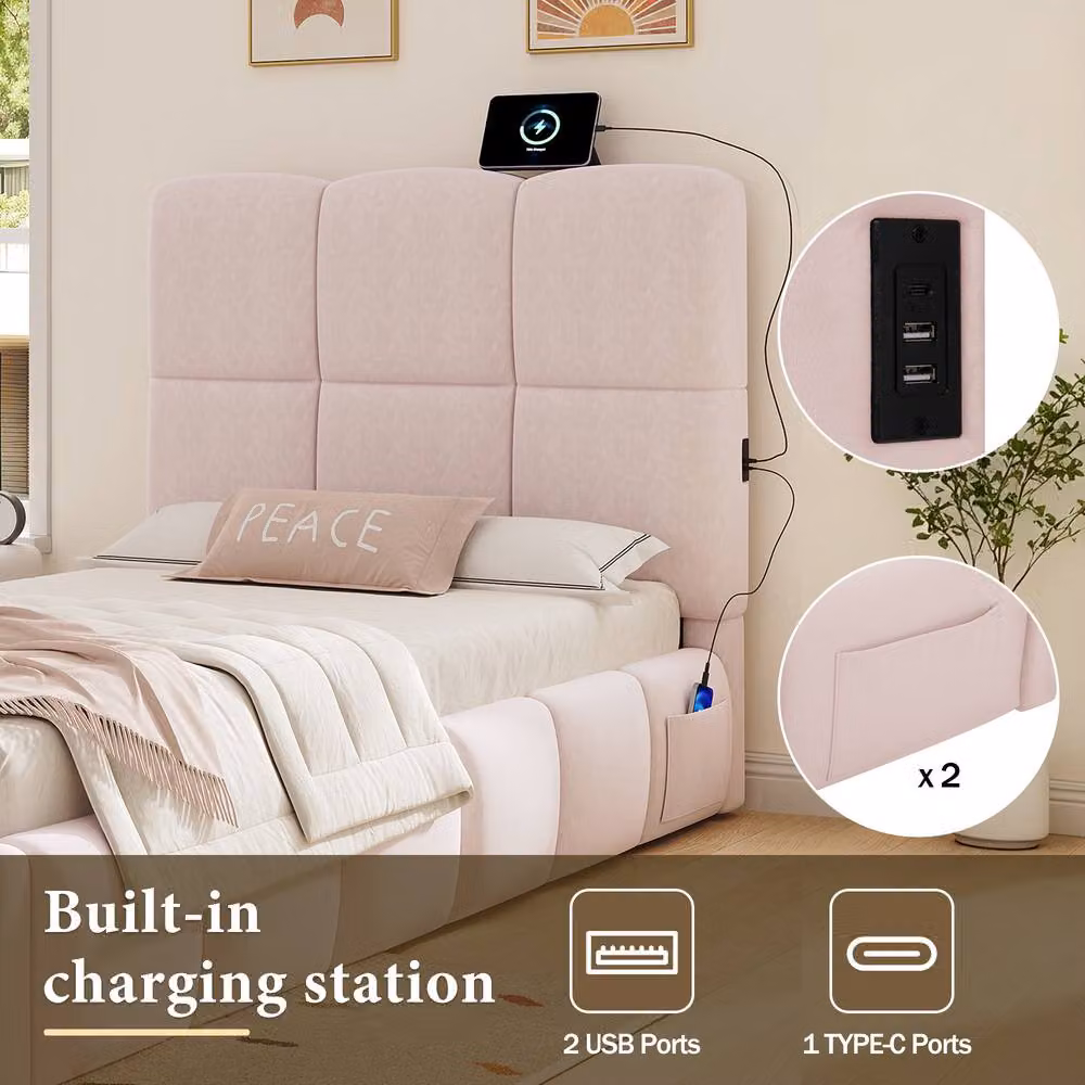 Matteo Pink Velvet Upholstered Single Kids Bed with Hydraulic Storage and USB Charging Port, W/D/H: 90 x 200 cm – 2