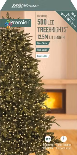 Premier Decorations TreeBrights 500 LED Christmas String Lights, Warm White, Mains Operated with Timer – 5
