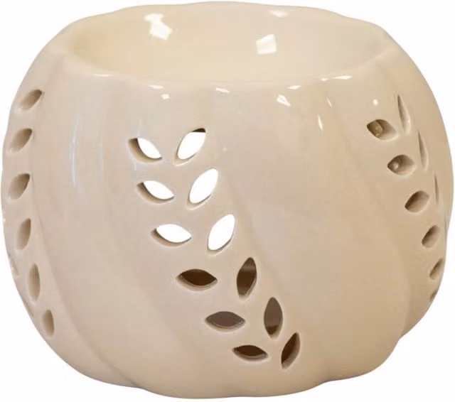 Four Candle Beige Ceramic Wax Burner with Leaf Detail, Height: 14 cm