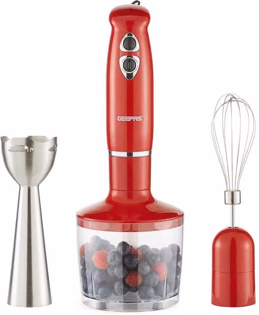 Geepas 3-in-1 Hand Blender Mixer and Chopper Food Processor with Stainless Steel Blades, 400W, Red – 1