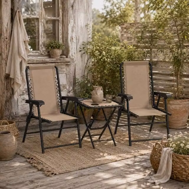 Wyld Haus Fihake 3 Piece Cream Folding Bistro Set with 2 Chairs and Coffee Table – 1