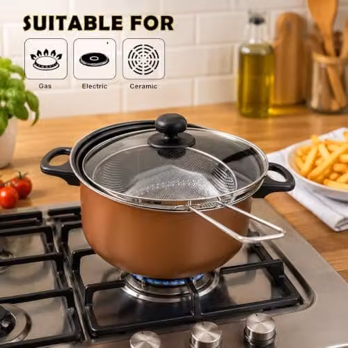 Almineez 5pc Non Stick Chip Pan Set with Frying Basket and Glass Lid, Black or Copper, 24cm, 2l – 3