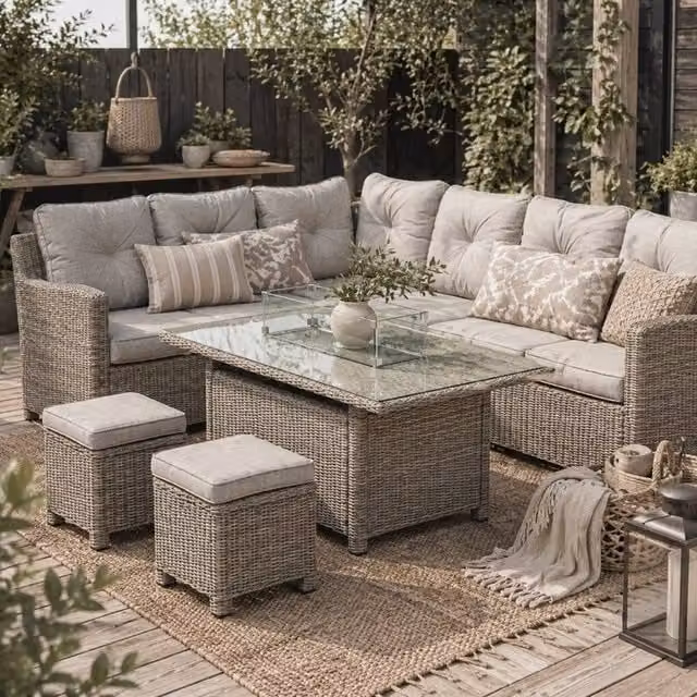 Wyld Haus Fiva 8 Seater L Shaped Faux Rattan Outdoor Sofa Set with Fire Pit Table in Light Brown – 1