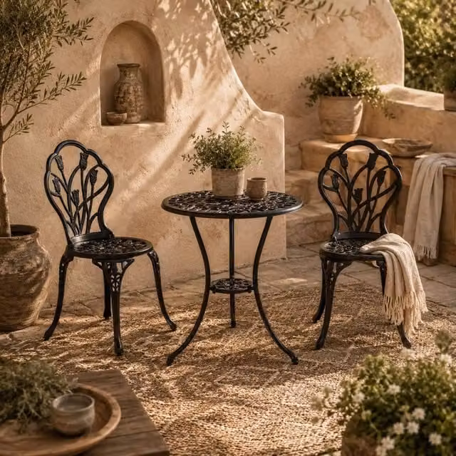 Wyld Haus Malutte 3 Piece Aluminium Floral Bistro Set in Matt Black – 1
