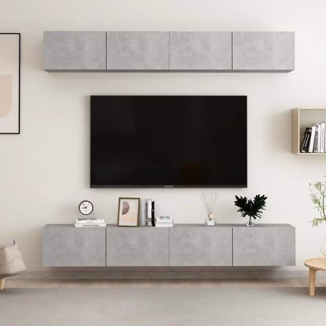 Berkfield Home Set of 4 Modern Wall Mounted TV Cabinets in Concrete Grey, MDF, W/D/H: 100 x 30 x 30 cm – 1