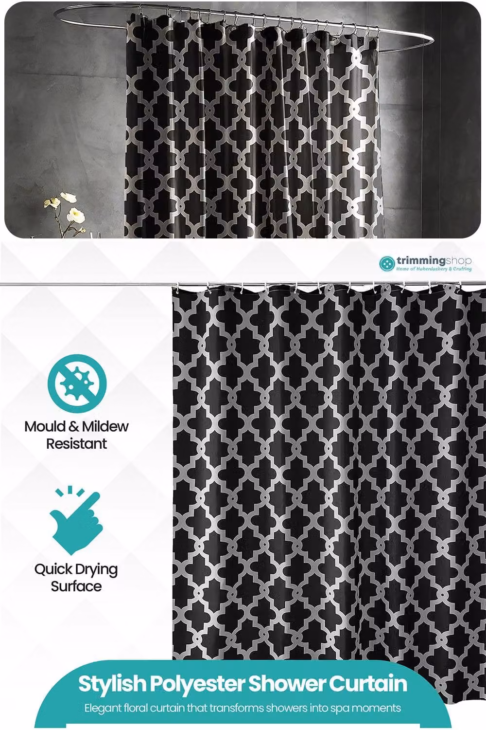 Neel Blue Trellis Black Polyester Shower Curtain with 12 Hooks, W: 180 cm, H: 180 cm – 3