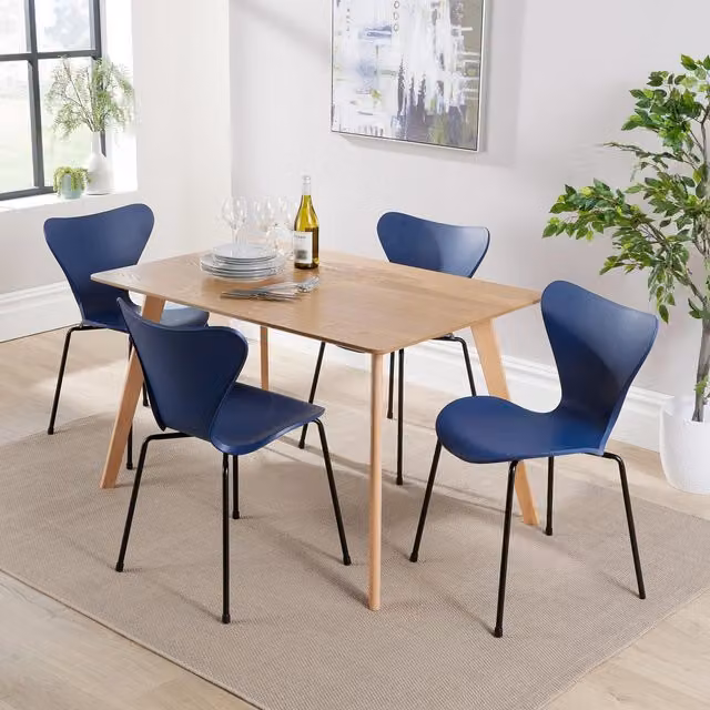 Home Source Kitchen Dining Table and 4 Chairs Set with Beech Legs and Veneer Top in Navy Blue