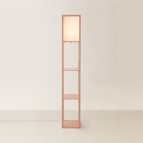 ValueLights Struttura Square Wood Shelving Floor Lamp with Fabric Shade in Baby Pink, H 160 x W 26 x D 26 cm