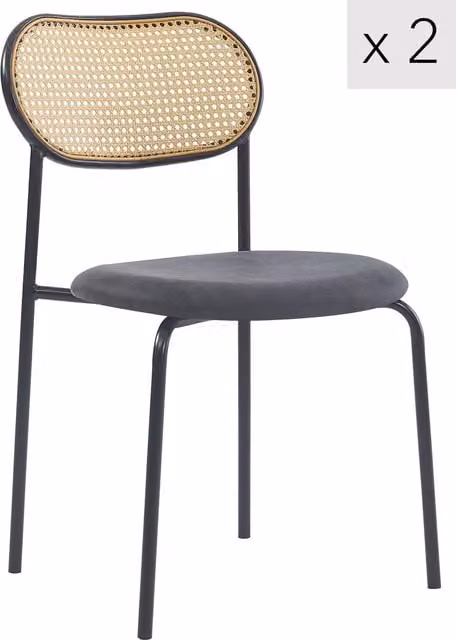 Nordlys Set of 2 Industrial Black Metal and Rattan Dining Chairs with Bouclé Fabric