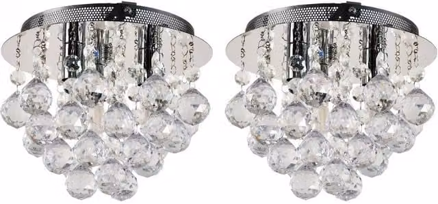 First Choice Lighting Myriad Set of 2 Jewelled Droplet Chrome Flush Ceiling Lights in Silver