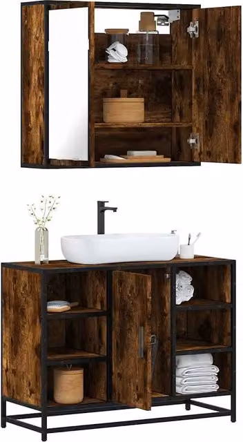 Berkfield Home 2 Piece Industrial Bathroom Furniture Set in Smoked Oak Brown featuring a Vanity Unit and Mirror Cabinet – 1