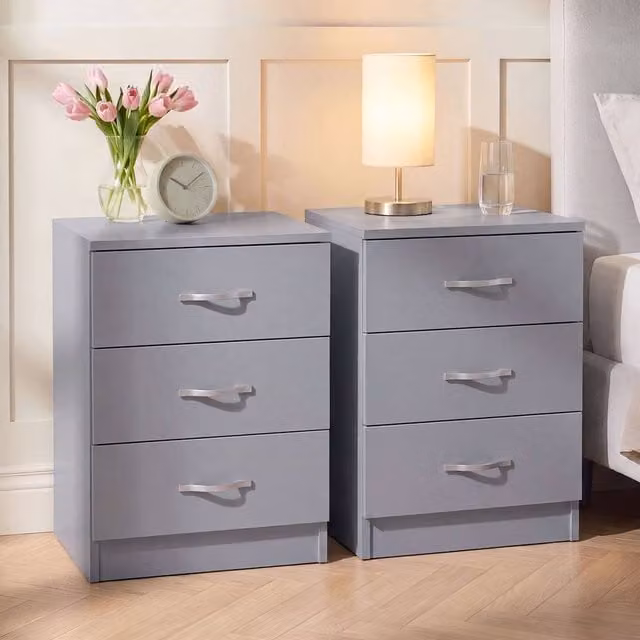 Vida Designs Riano 3 Drawer Bedside Chest Set of 2 in Grey