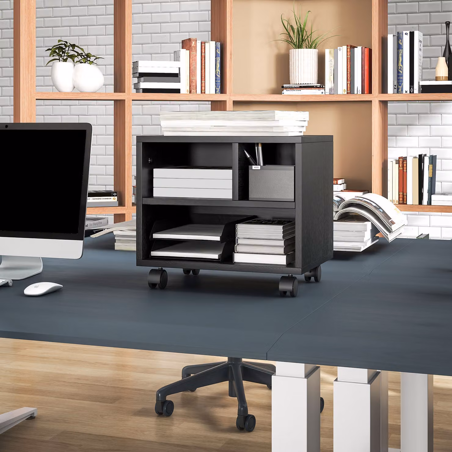 HOMCOM 2-Tier Printer Stand with Storage and 3 Compartments, Black Under Desk Printer Cart on Wheels – 7