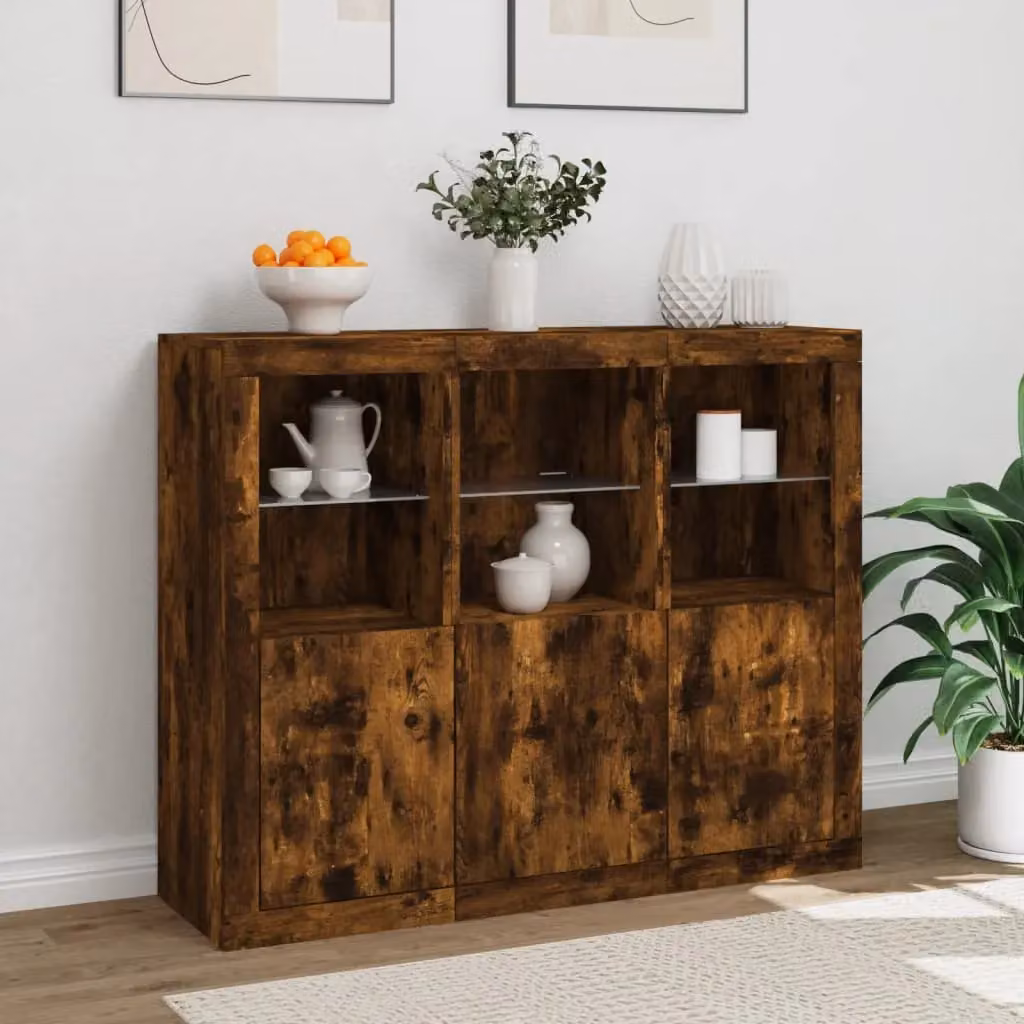 Berkfield Home Set of 3 Modern Smoked Oak Sideboards with Integrated LED Lighting in Brown – 3