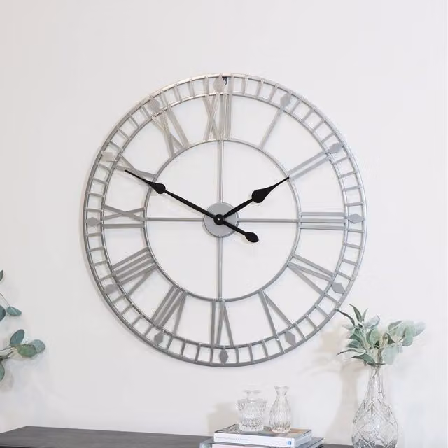 MelodyMaison Silver Skeleton Wall Clock, Round Vintage Quartz Analog Metal Design, W/D/H: 80 x 80 x 80 cm
