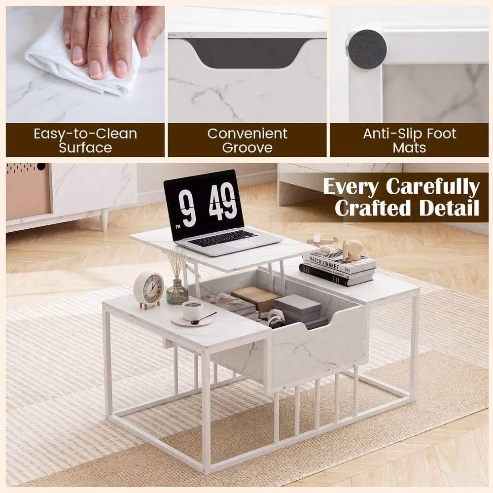 Costway White Modern Rectangular Coffee Table with Hidden Storage Compartment and Lift Mechanism – 5