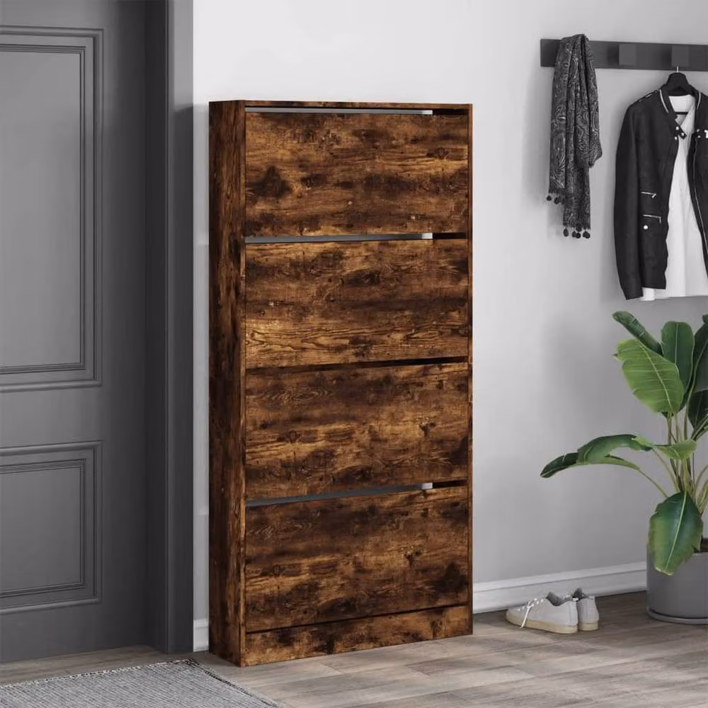 Berkfield Home Shoe Cabinet with 4 Tilting Compartments in Smoked Oak Brown, W: 80 cm, D: 21 cm, H: 163.5 cm – 2