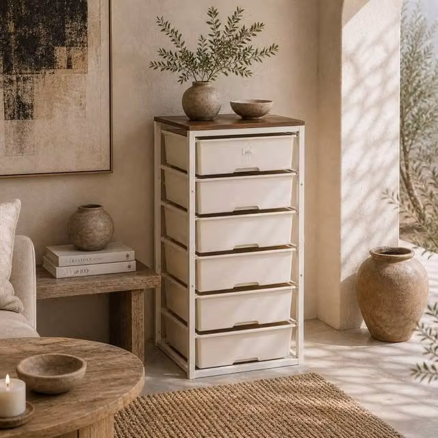 Wyld Haus Kedina Tall 6 Drawer Storage Chest in White with Walnut Effect Top – 1