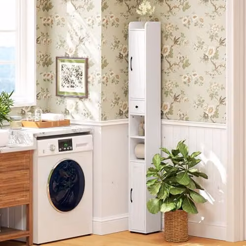 HOMCOM Tall White Bathroom Cabinet with Hinged Doors and Internal Shelves, W/D/H: 20 x 20 x 185 cm – 3