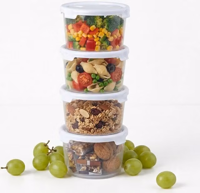 Storm Trading Group Set of 8 Stackable Round Plastic Food Containers with Snap Lids, 300ml, Clear and White