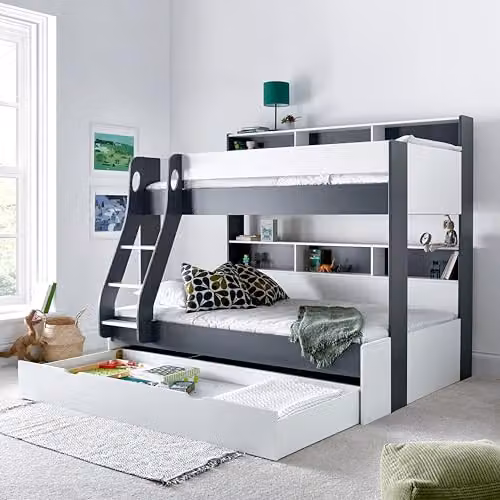 Bedmaster Oliver Triple Sleeper Bunk Bed with Storage Drawers and Hybrid Mattresses in Grey and White