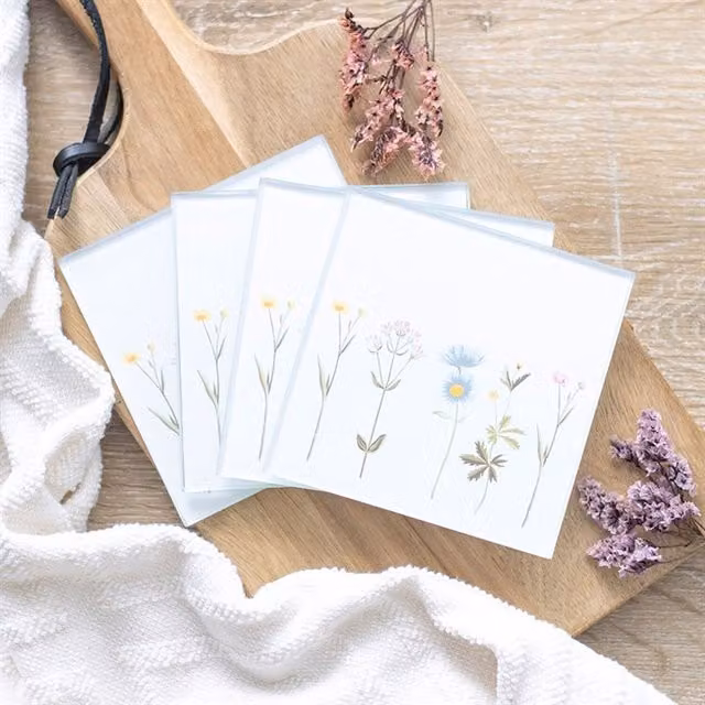KDMK Floral Square Glass Coaster Set in White