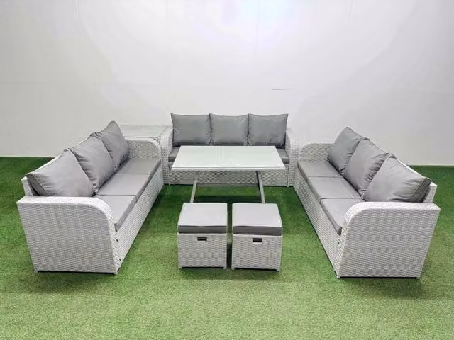 Fimous 11 Seat PE Rattan Garden Furniture Set with Side Table and 2 Small Stools in Light Grey