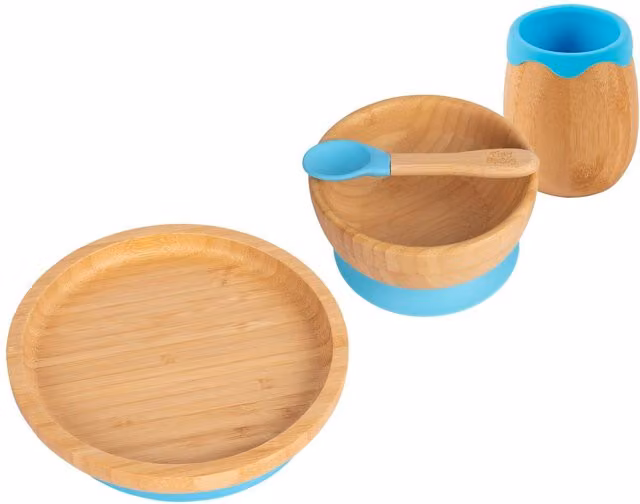 Tiny Dining 4-Piece Blue Bamboo and Silicone Suction Baby Feeding Set