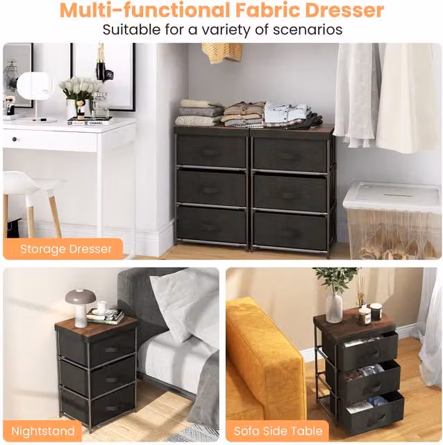COSTWAY Set of 2 Black Fabric Nightstands with Metal Frame
