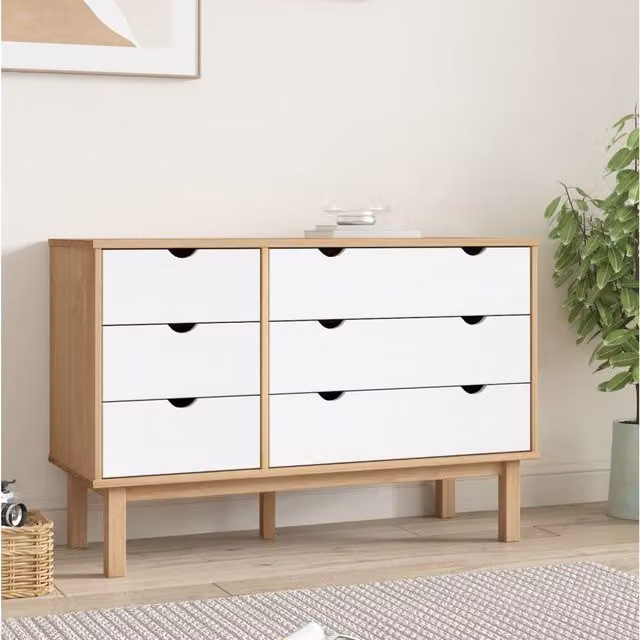 Berkfield Home OTTA Drawer Cabinet in Brown and White Solid Pine Wood, W: 111 cm, D: 43 cm, H: 73.5 cm – 1
