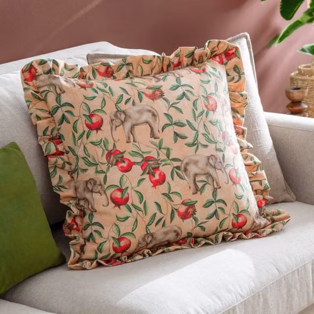 Wylder Tropics Okara Elephant Printed Ruffle Cushion in Peach and Pink Linen with Polyester Filling, W/D/H: 50 x 50 x 50 cm