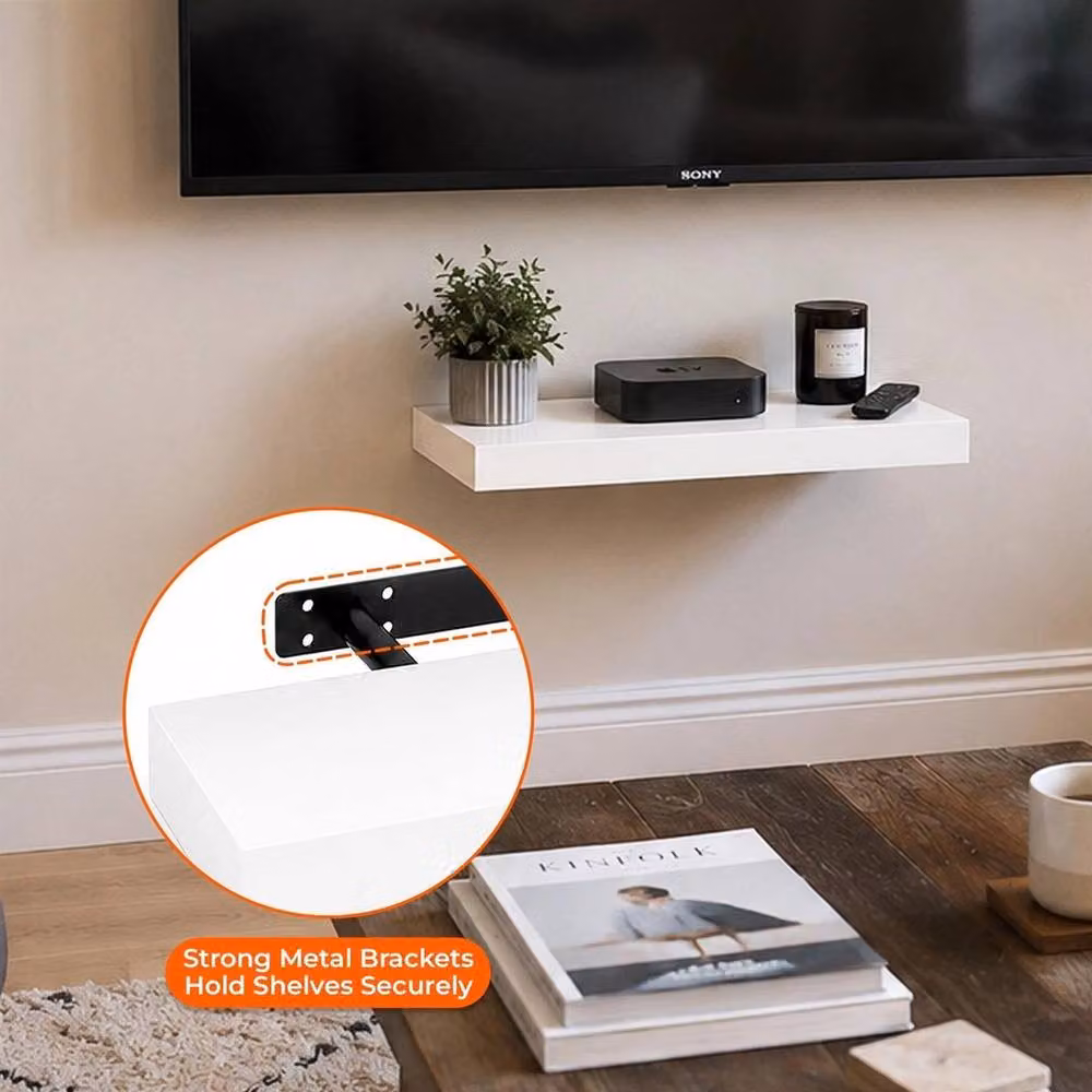 NESTLUNE Pack of 2 White High Gloss Floating Wall Shelves, W: 100 cm, D: 15 cm, H: 40 cm – 5