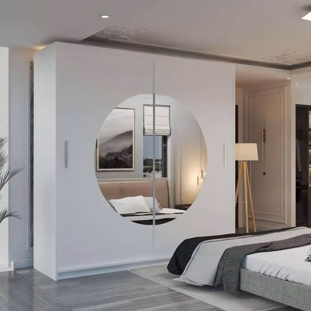 MN Furniture Milos Sliding Wardrobe with Mirror and Integrated LED Lighting, White, W: 203 cm, H: 217 cm