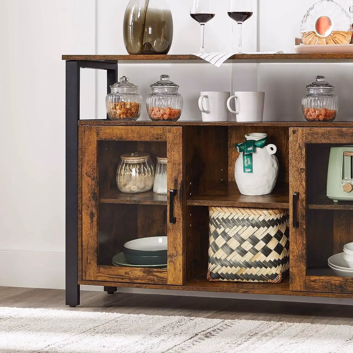 VASAGLE Industrial Sideboard Buffet and TV Cabinet with 2 Transparent Glass Doors in Brown – 5