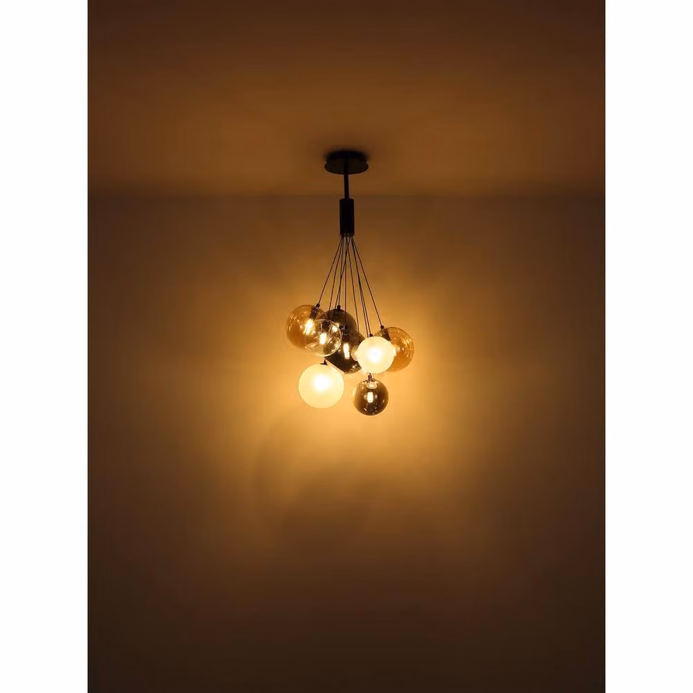 Netlighting Ballgi Globe Pendant Ceiling Light in Matt Black with Smoky Glass Spheres for 9x G9 Bulbs – 7